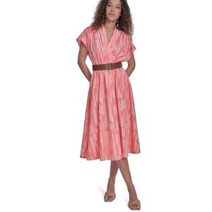 Calvin Klein Coral Pink Print Dress Women's Sz 6 W Brown Belt Midi Spring Summer
